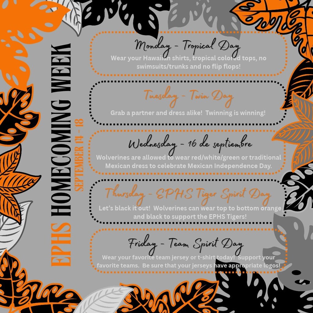 Flyer for EPHS dress week for homecoming