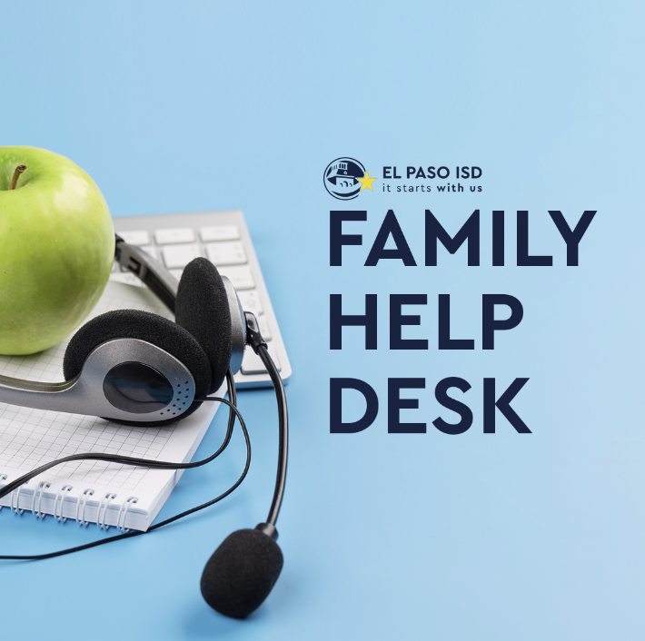 Light blue background with photo of headset, notebook, keyboard, and apple with text on graphic that says Family Help Desk