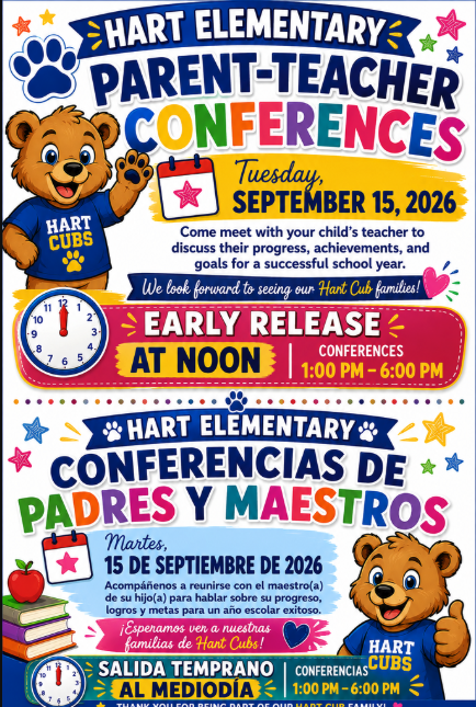 A poster for Hart Elementary's Parent-Teacher Conferences on September 15, 2026. It includes two bears, a calendar, and a clock.