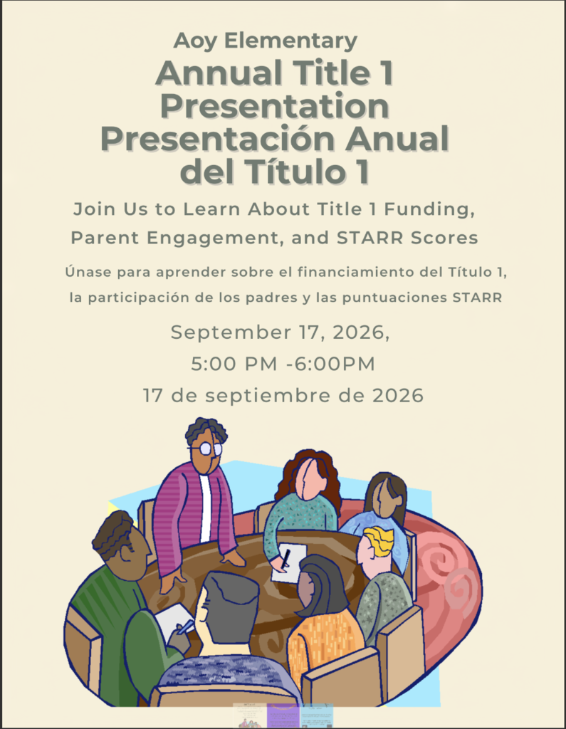 An invitation for Aoy Elementary's Annual Title 1 Presentation on September 17, 2026, at 5:00 PM.