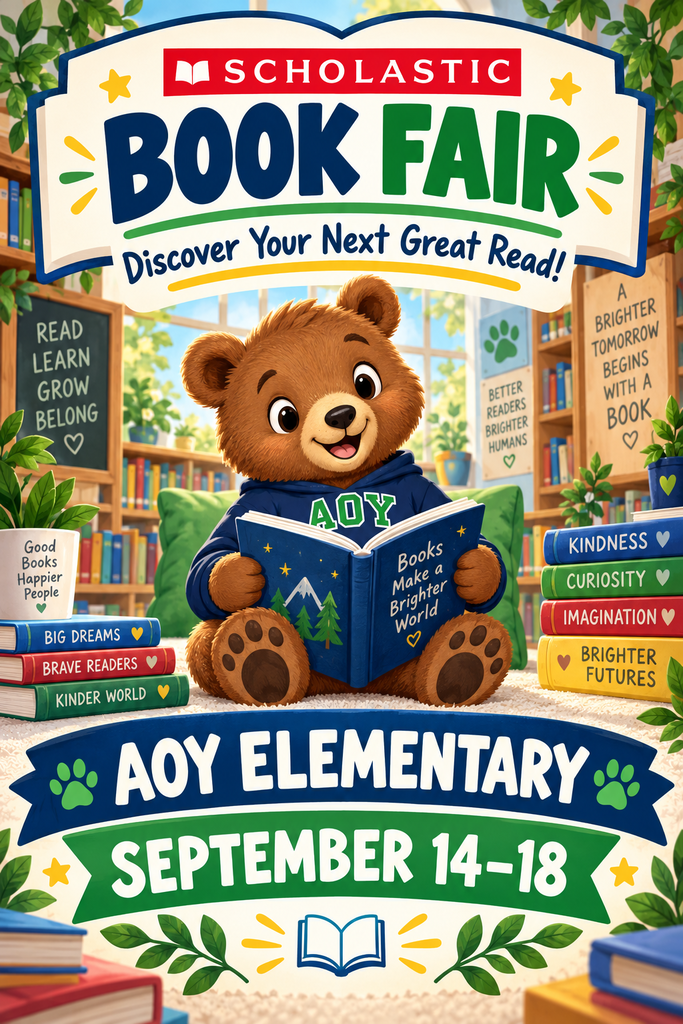 Scholastic Book Fair poster featuring a brown bear reading a book. Titles include "Discover Your Next Great Read!" Dated September 14-18.
