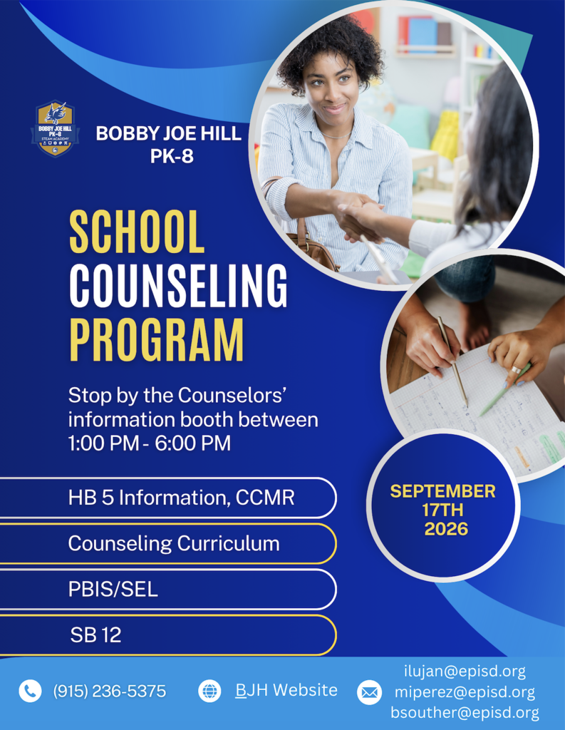An advertisement for a school counseling program at Bobby Joe Hill PK-8. It features people in a classroom and includes a schedule for the information booth.