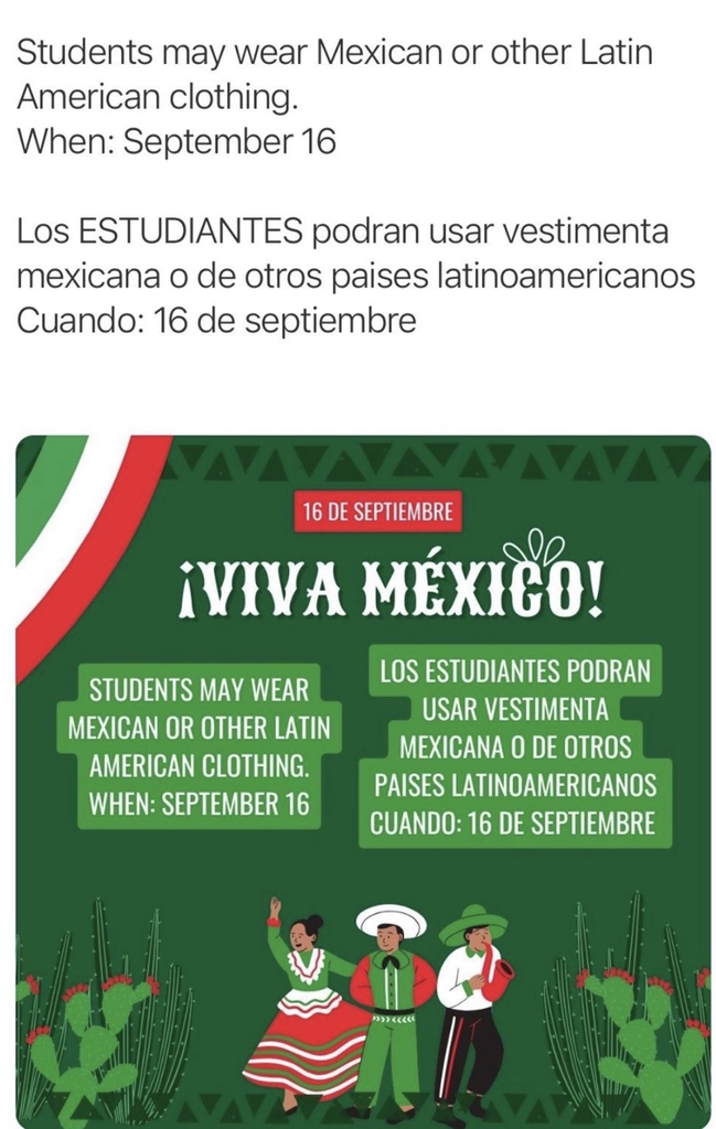 Lamar Elementary: Students may wear Mexican or other Latin American clothing. When: September16