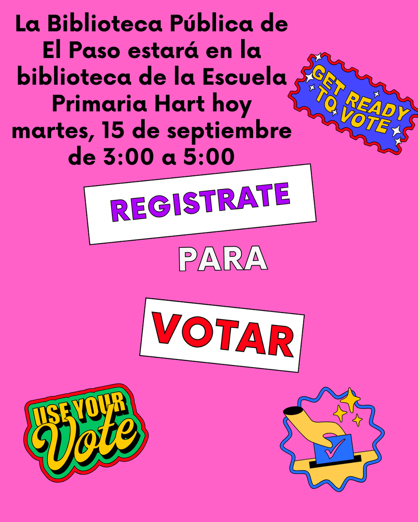 Pink background with white text and colorful stickers. Text reads: "Register to vote" with event details. Date and time mentioned.