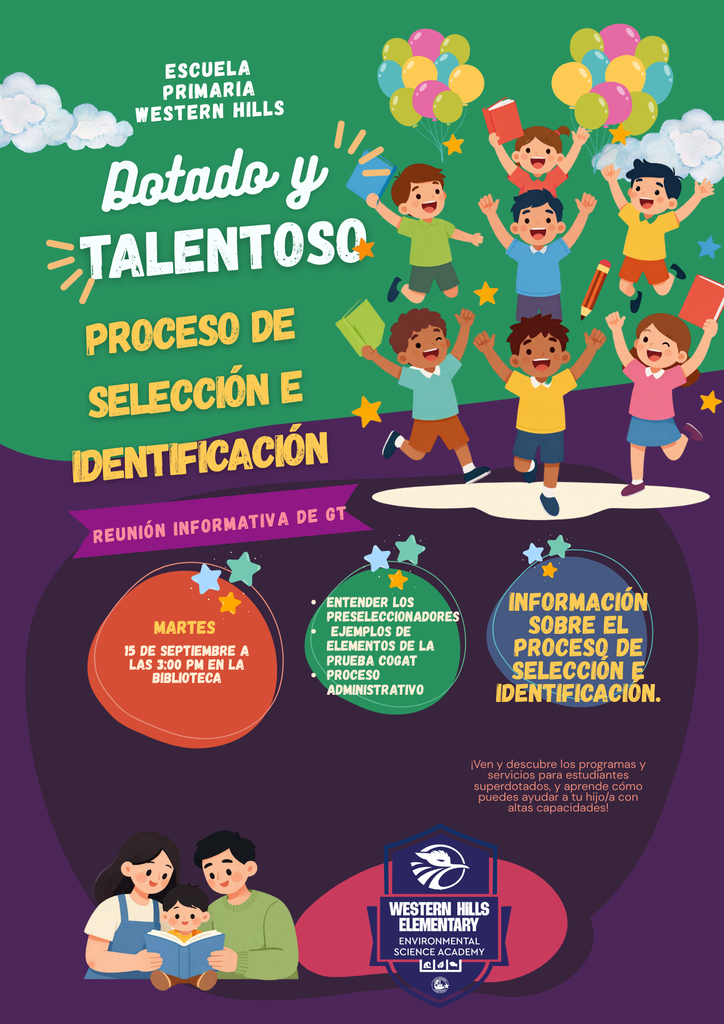 Bright graphic with children, balloons, books, and a parent and child. Text in white reads "Dotado y Talentoso" and "Proceso de Seleccion E Identificacion."