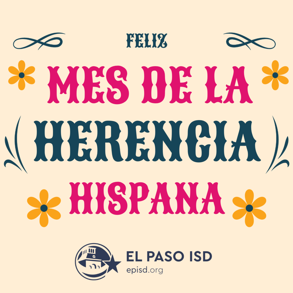 Beige graphic with yellow followers and text that says Feliz Mes De La Herencia Hispana