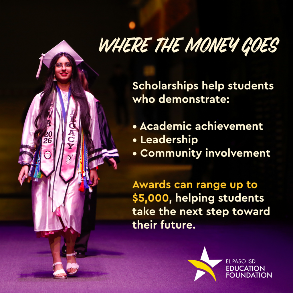 photo of El Paso ISD graduate from Young Women's Academy in white gown with text on graphic that says Where the money goes scholarships help students who demonstrate: academic achievement, leadership, and community involvement Awards can range up to $5,000, helping students take the next step towards their future.