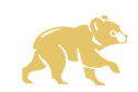 Golden silhouette of a bear walking on a plain white background. It has a rounded body and a head facing forward.