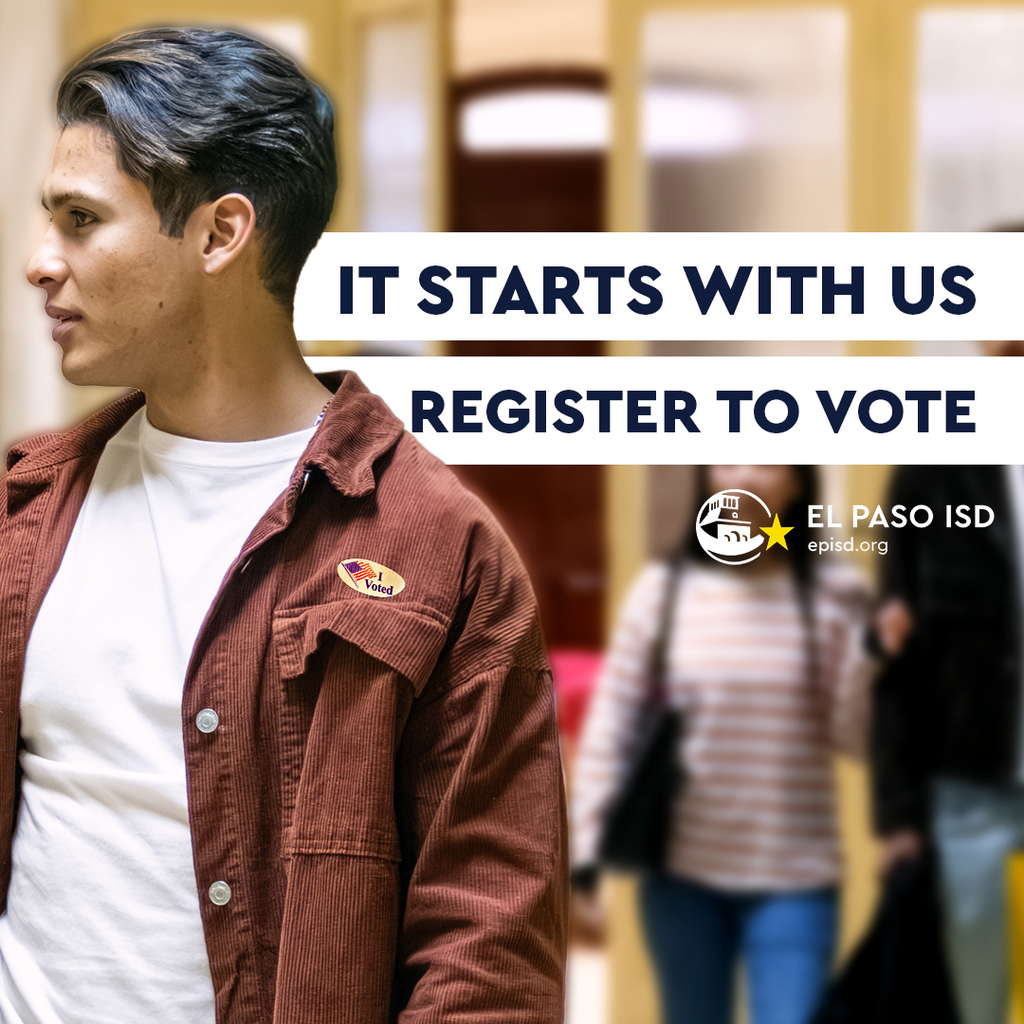 Photo of student with I voted sticker on shirt with text on graphic that says It Starts With Us Register to Vote