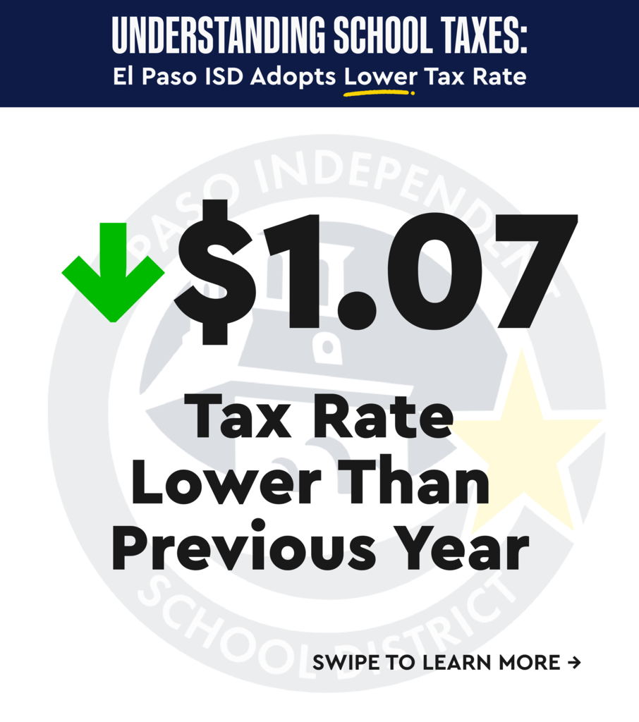 Graphic with text that says Understanding School Taxes: El Paso ISD Adopts Lower Tax Rate $1.07 Tax rate lower than previous year