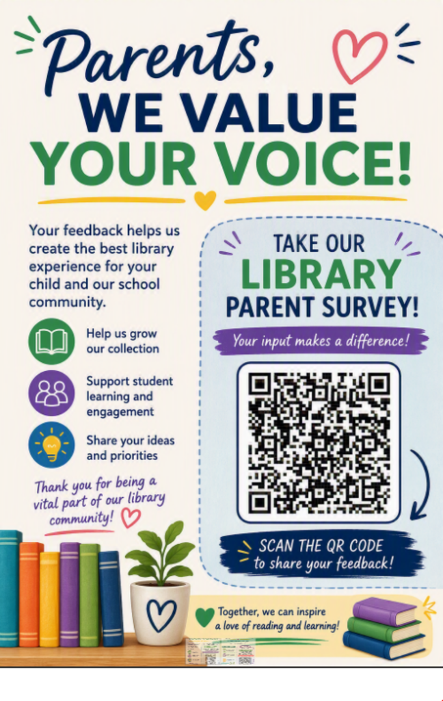 A poster with a QR code invites parents to take a library survey. The text emphasizes valuing their input, supporting students, and sharing ideas.