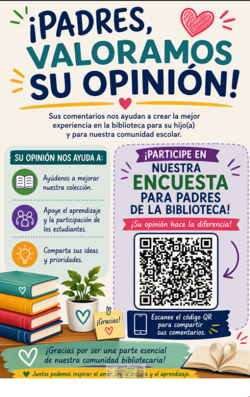 A poster features text, QR codes, and images of books, a plant, and a heart. Text includes "¡PADRES, VALORAMOS SU OPINION!" and a call to action.