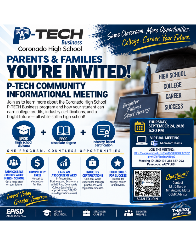 An invitation to a community meeting about the Coronado High School P-TECH Business program. Date: September 24, 2026. Time: 6:30 PM. Location: Virtual meeting.