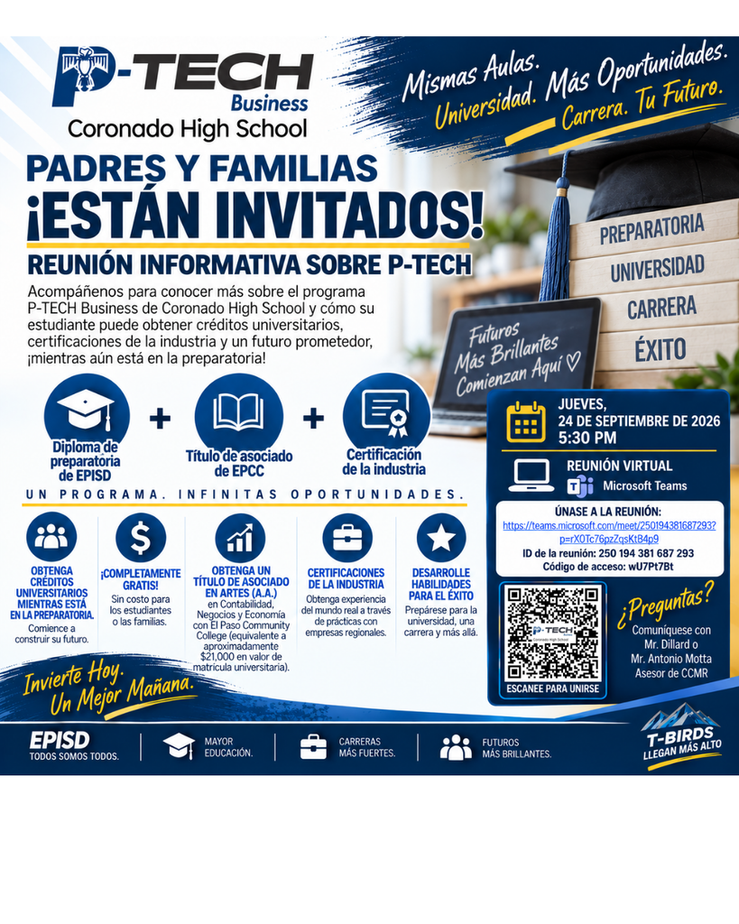 An invitation for a P-Tech informational meeting includes dates, times, benefits, and QR code. Text in Spanish.