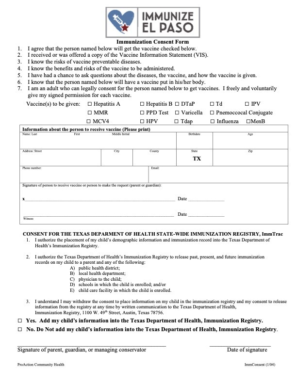 A consent form for immunization, with sections for parental signature, vaccination details, and information on the Texas Department of Health Immunization Registry.