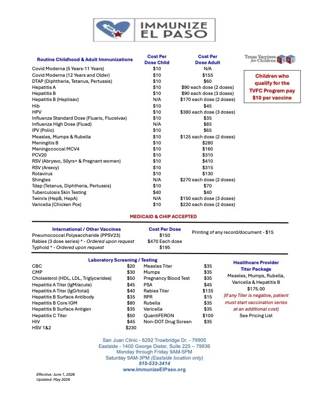 White page with blue and black text listing immunizations and their costs. A blue header at the top reads "Immunize El Paso."