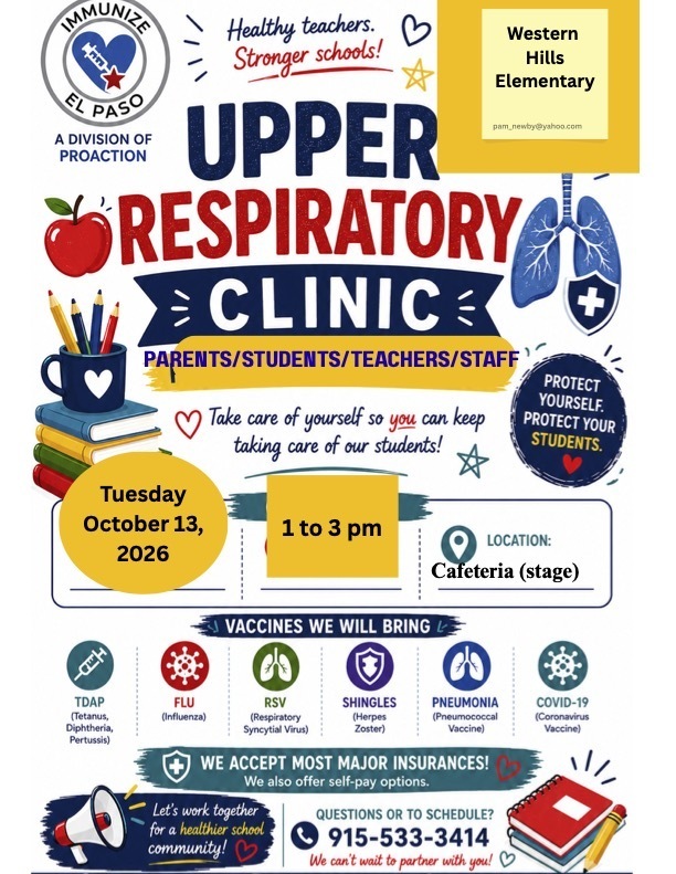 Poster for the Upper Respiratory Clinic. Details include location, time, and clinic services. Emphasis on health and wellness.