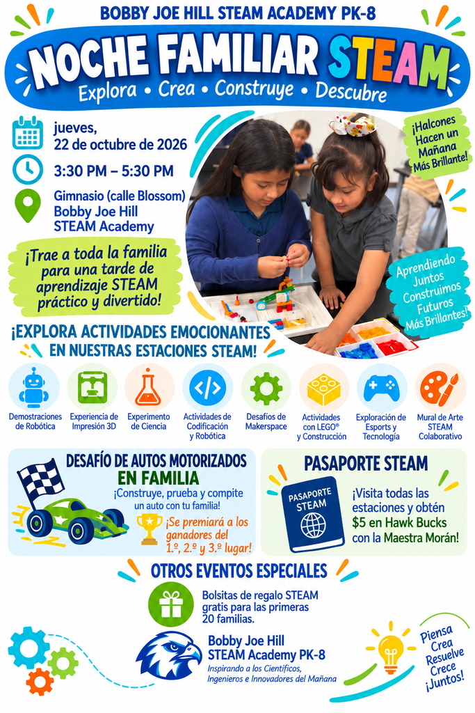 Flyer displays event details with icons and text. Two children engaged in a STEAM activity. Icons include car, gears, and more.
