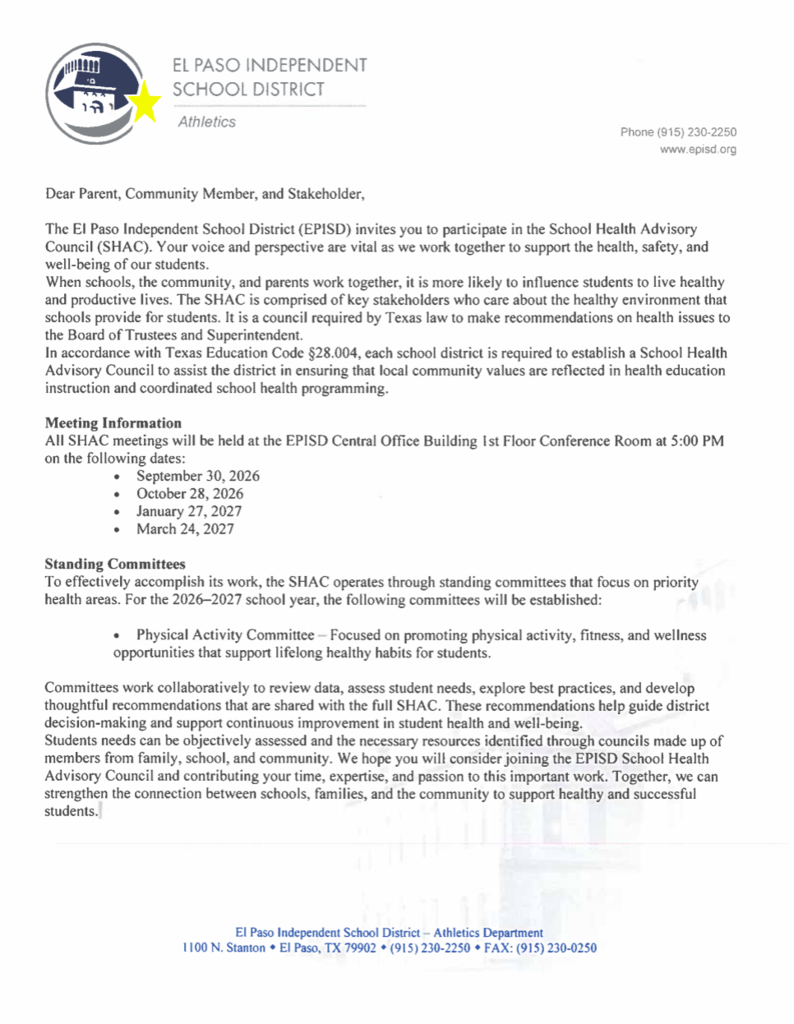 A formal letter from El Paso Independent School District invites parents to join the School Health Advisory Council.