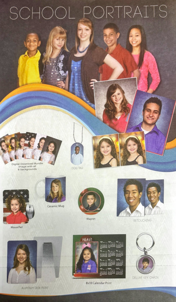 Display of school portrait products. Collage of student photos with a variety of options. Background is dark with white text.