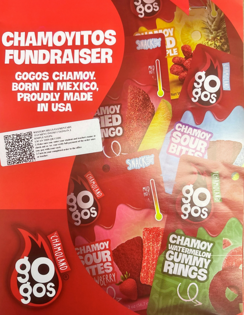 A red poster advertises Chamoyitos products, displaying various flavors like sour bites, strawberry, and gummy rings. Labels indicate they are born in Mexico and proudly made in the USA.