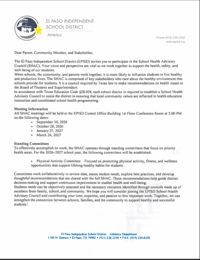 2026-2027 School Health Advisory Council (SHAC)