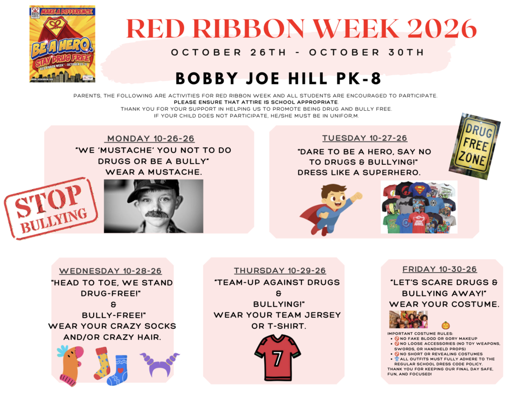 A poster for Red Ribbon Week 2026 features activities from Oct 26 to Oct 30. Each day suggests an outfit theme to raise awareness about bullying and drug prevention.