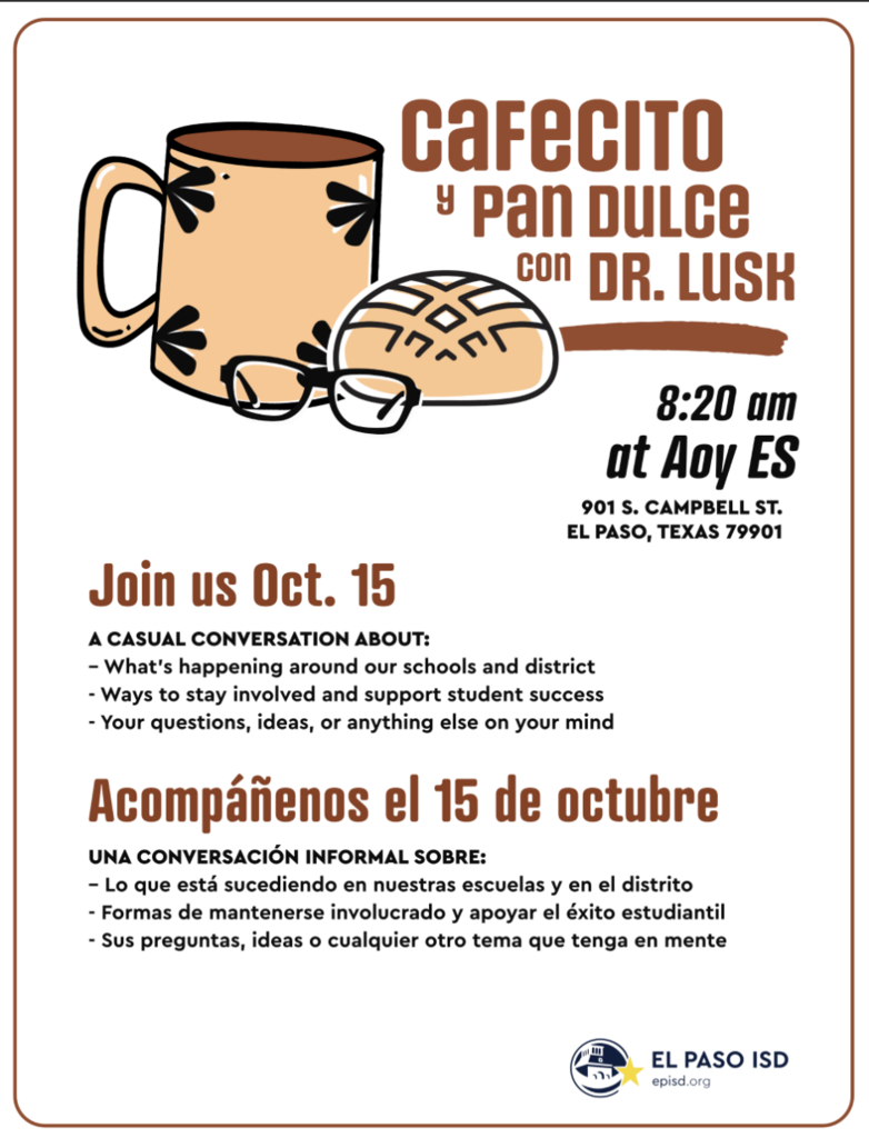 Poster with text "Cafecito y Pan Dulce con Dr. Lush" and an illustration of a cup and bread.