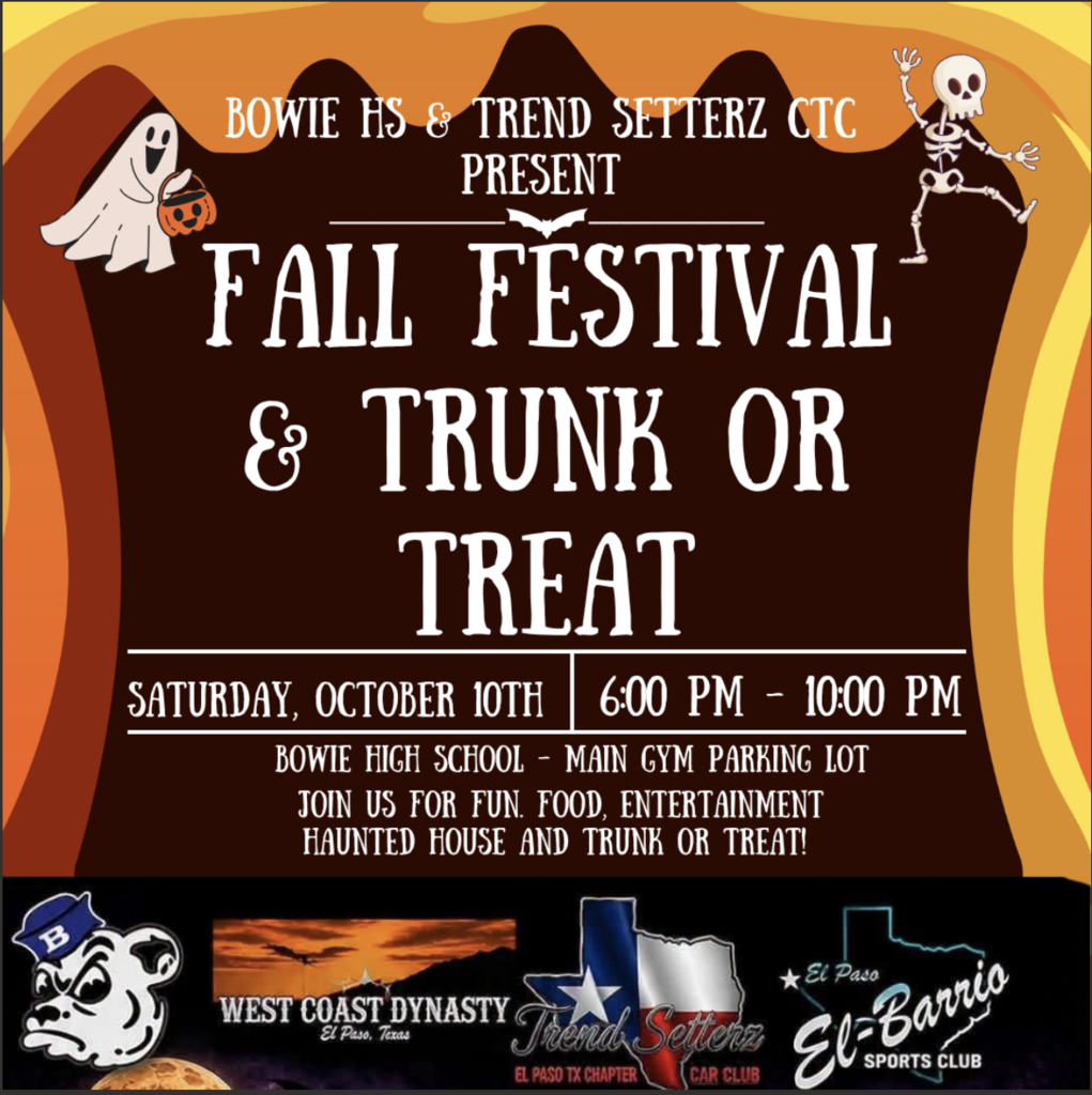 An event poster for "Fall Festival & Trunk or Treat" has a Halloween theme. It features a ghost, skeletons, and logos.