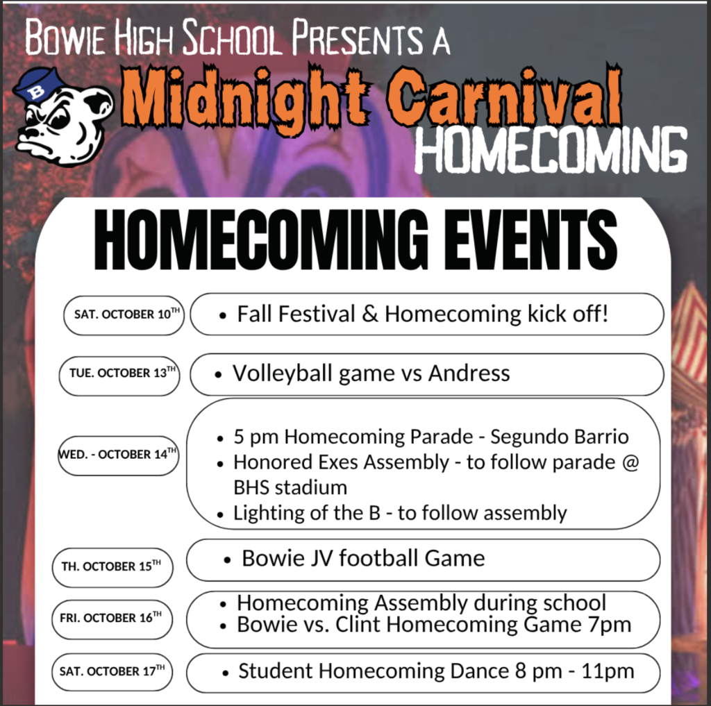 An event schedule for Bowie High School's Homecoming events, with a black and white dog mascot on a dark background.