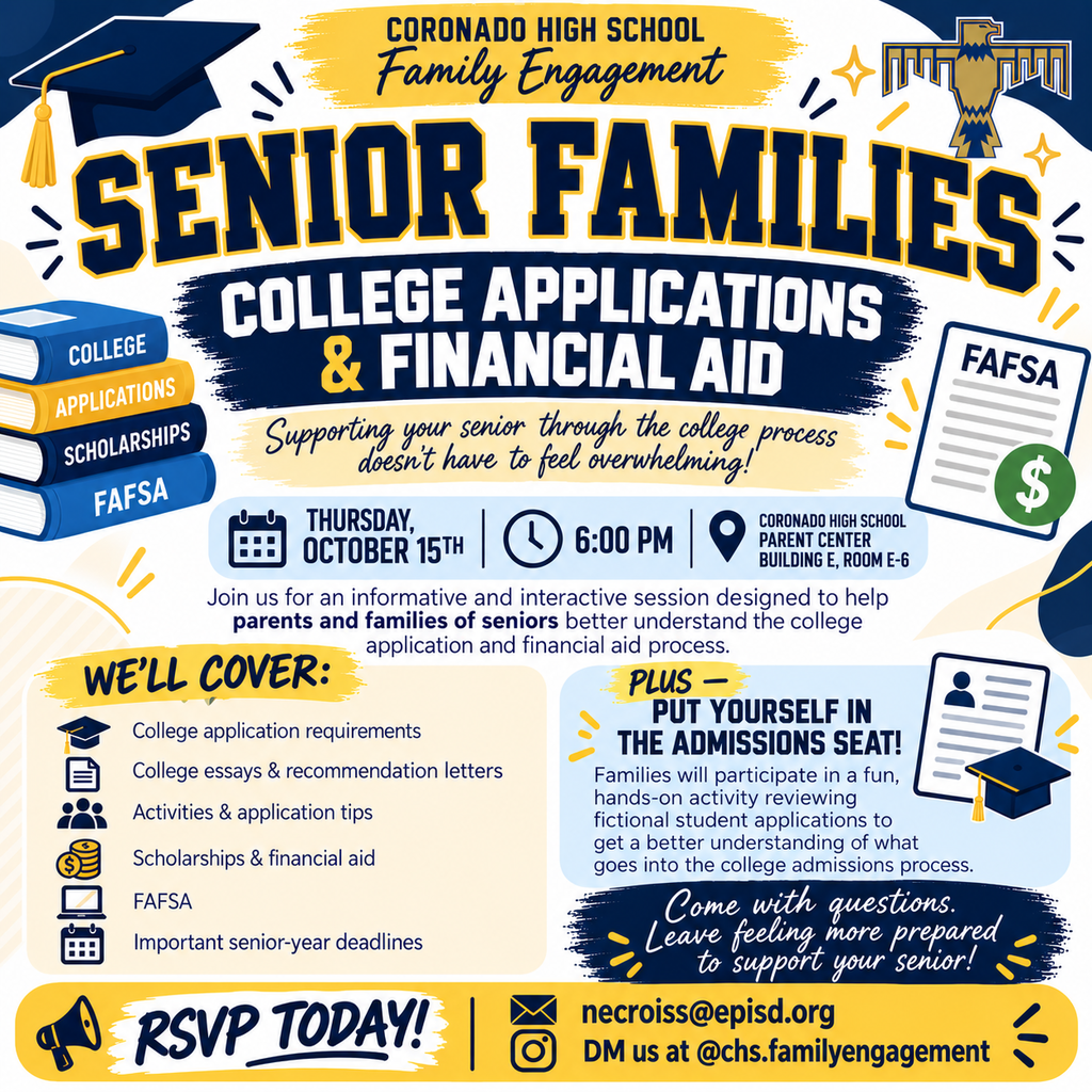 An informative flyer for families to attend a session on college applications and financial aid. Date, time, and RSVP details are included.