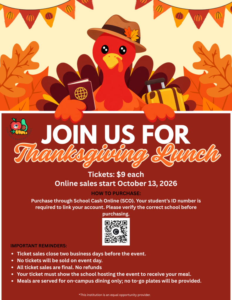 An event poster features a turkey with a hat and autumn leaves. Text reads, "Join us for Thanksgiving Lunch." Sales start October 9, 2026. Purchase through a specific channel. Important details are listed below.