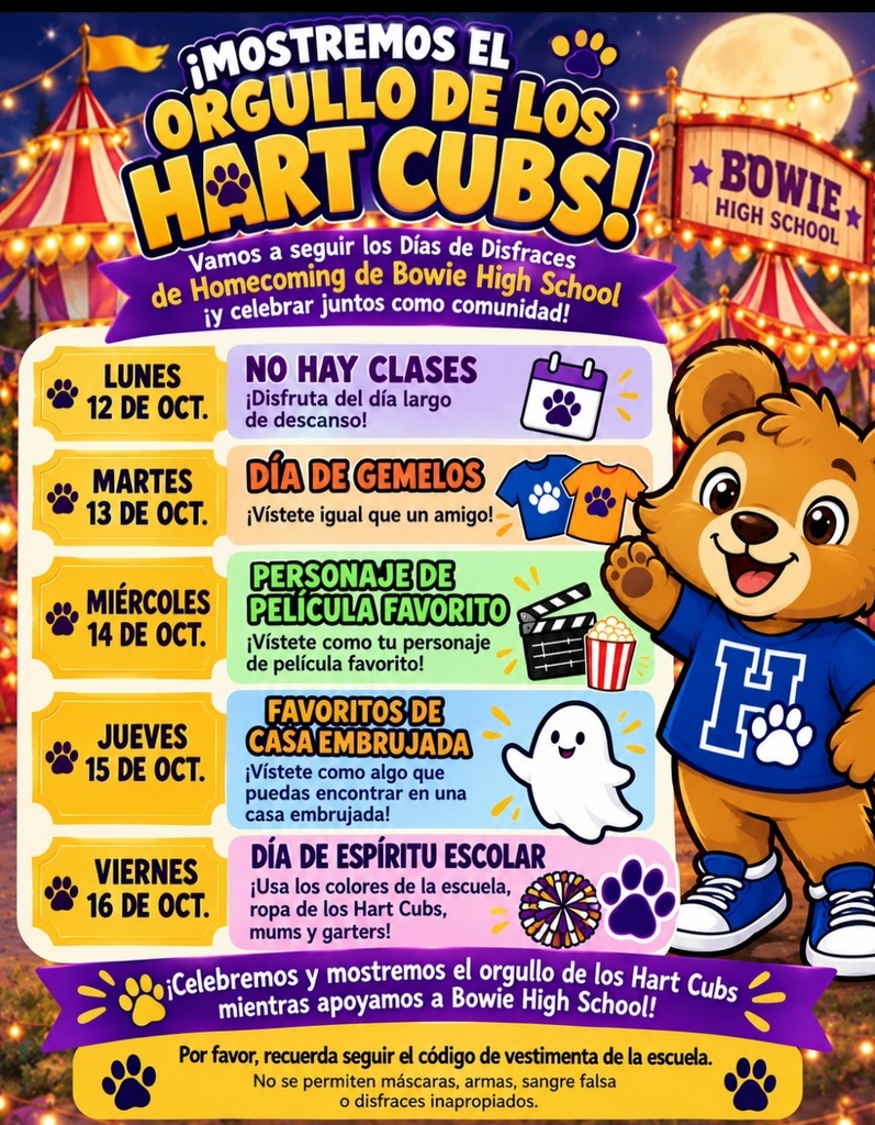 Poster for Hart Cubs Homecoming event. Features dates, activities, and a bear mascot in a blue jersey.