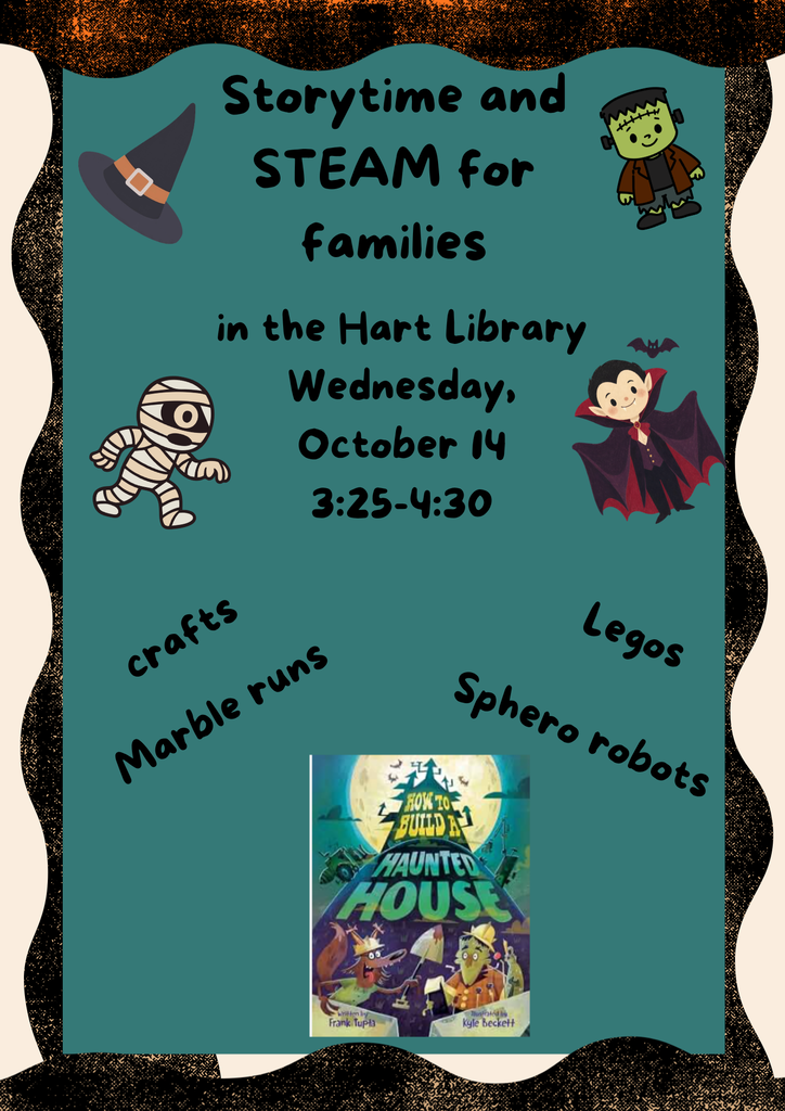 A teal poster displays an event for families. It features a book titled "The Haunted House." The event includes storytelling and STEAM activities.