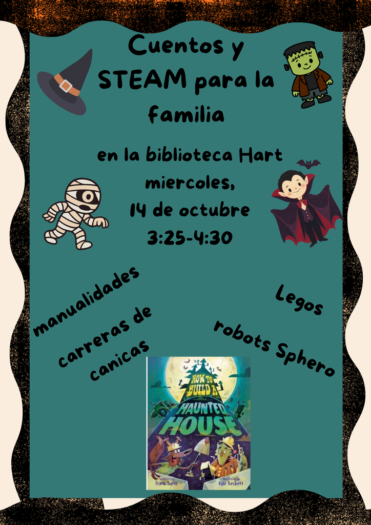 A poster for family storytelling and STEAM activities. It has a teal background with a Halloween theme, featuring a book, a witch, and other characters.