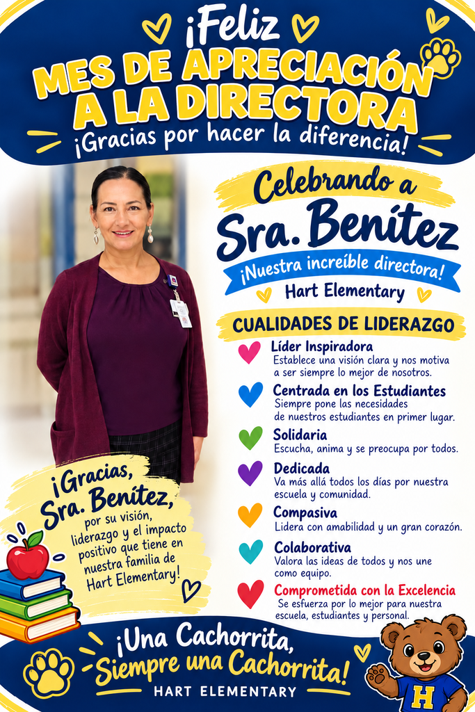 An advertisement poster features a smiling woman standing beside books and a bear. Text reads "Feliz mes de apreciación a la directora, Sra. Benitez".