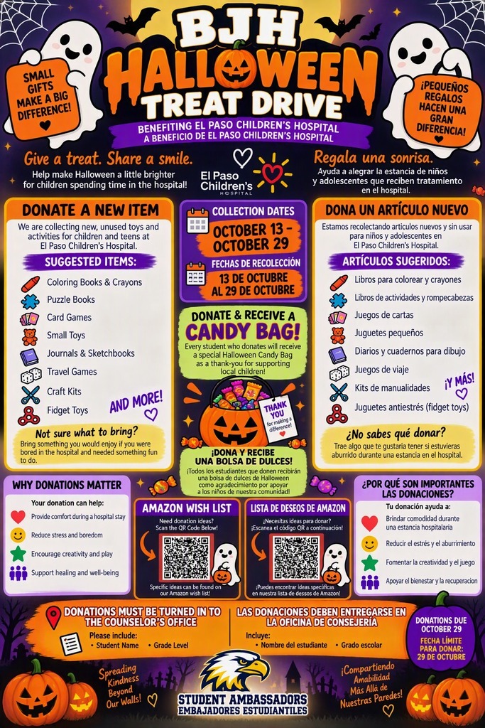A flyer for a Halloween treat drive. It includes a QR code, donation information, and a list of suggested items.