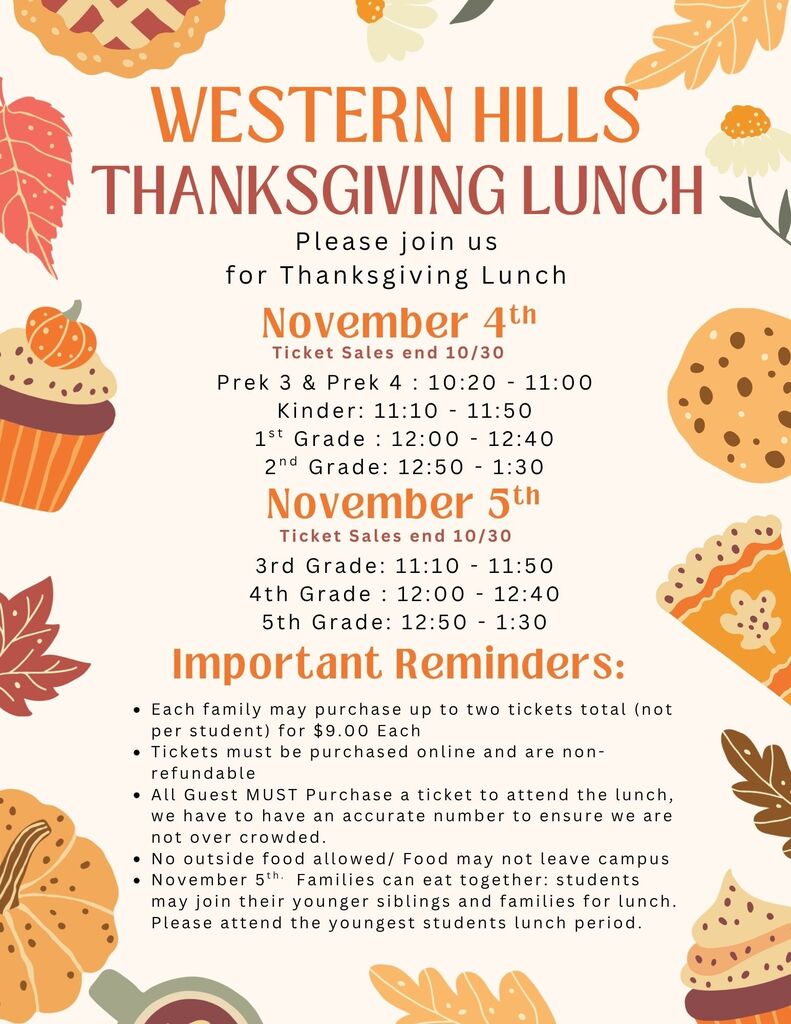 A poster with a border of leaves and pies invites attendees to the Western Hills Thanksgiving Lunch on November 4th.