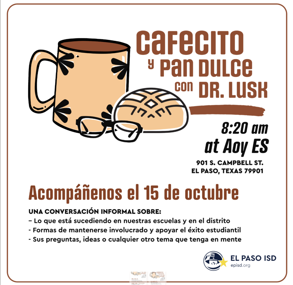 An illustration of a cup and bread with "Cafecito y Pan Dulce con Dr. Lusk" at 8:20 am on October 15.