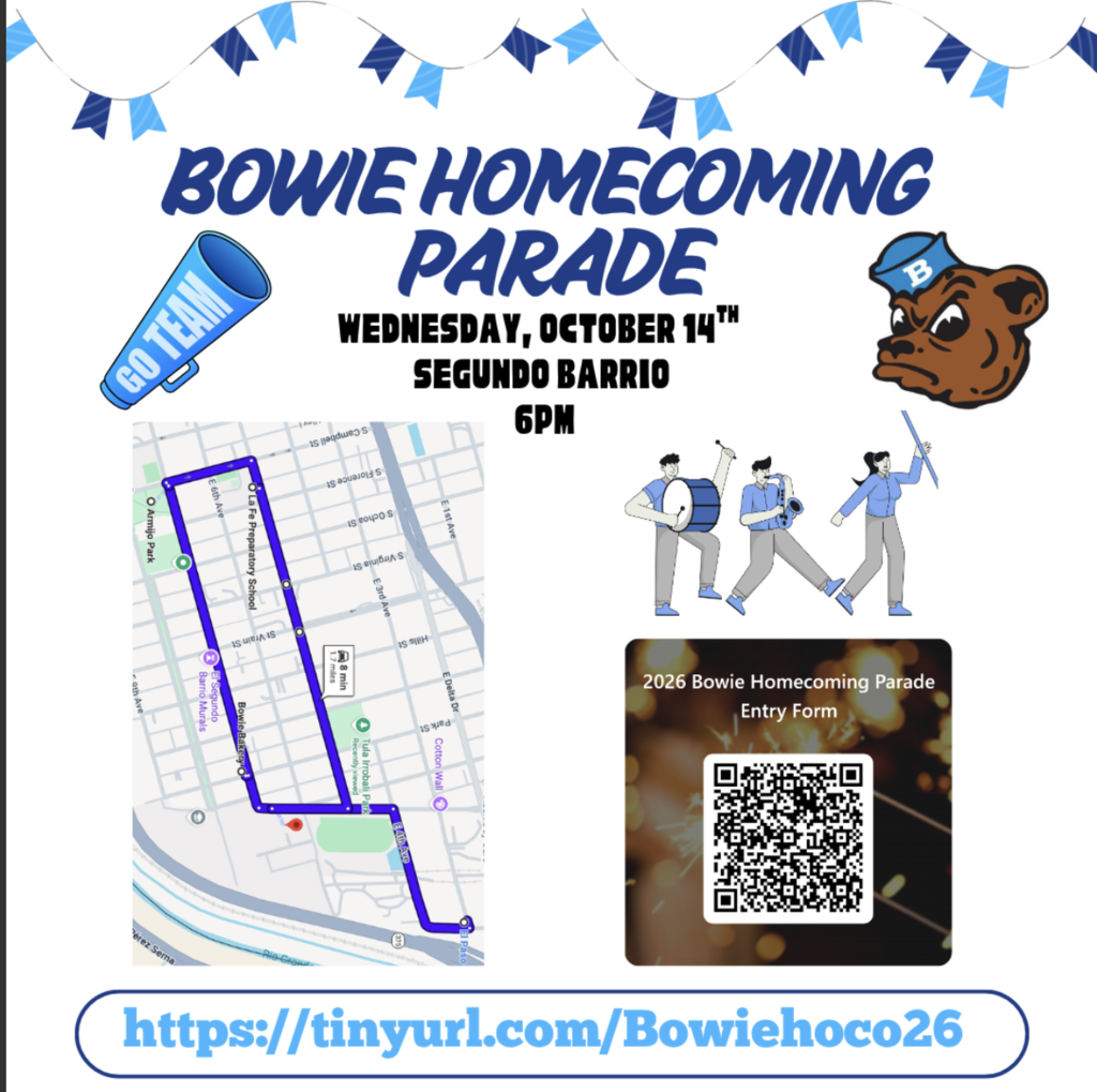 Poster for Bowie Homecoming Parade. Map shows parade route. QR code leads to parade entry form. Date: Wednesday, October 14th. Time: 6PM. Location: Segundo Barrio.