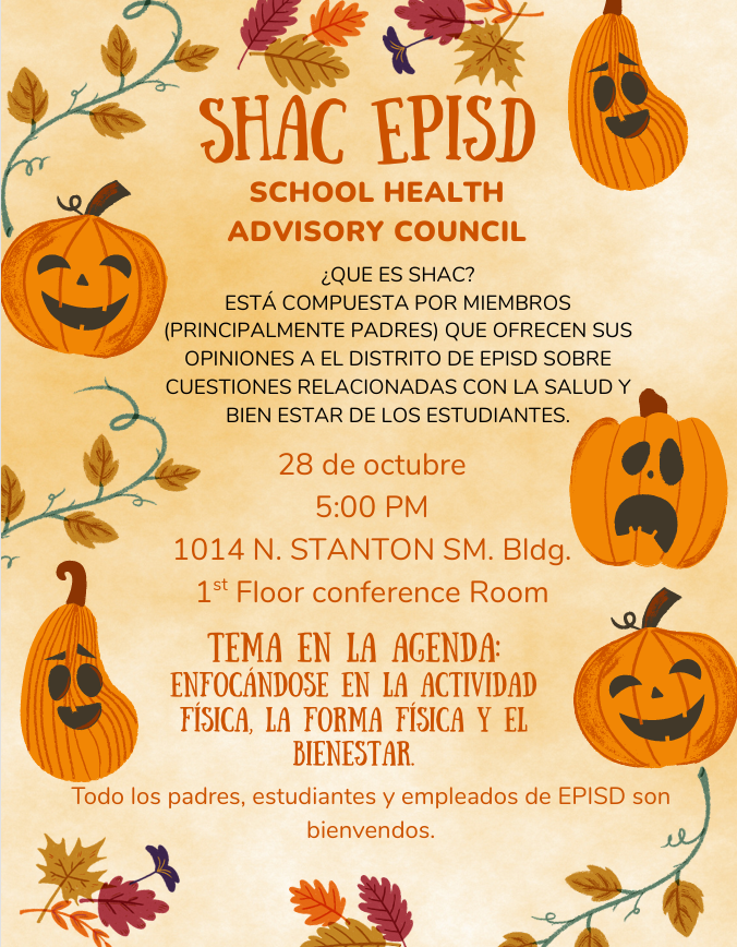 An event poster for SHAC EPDIS School Health Advisory Council. Date, time, and location are listed with pumpkins and leaves.