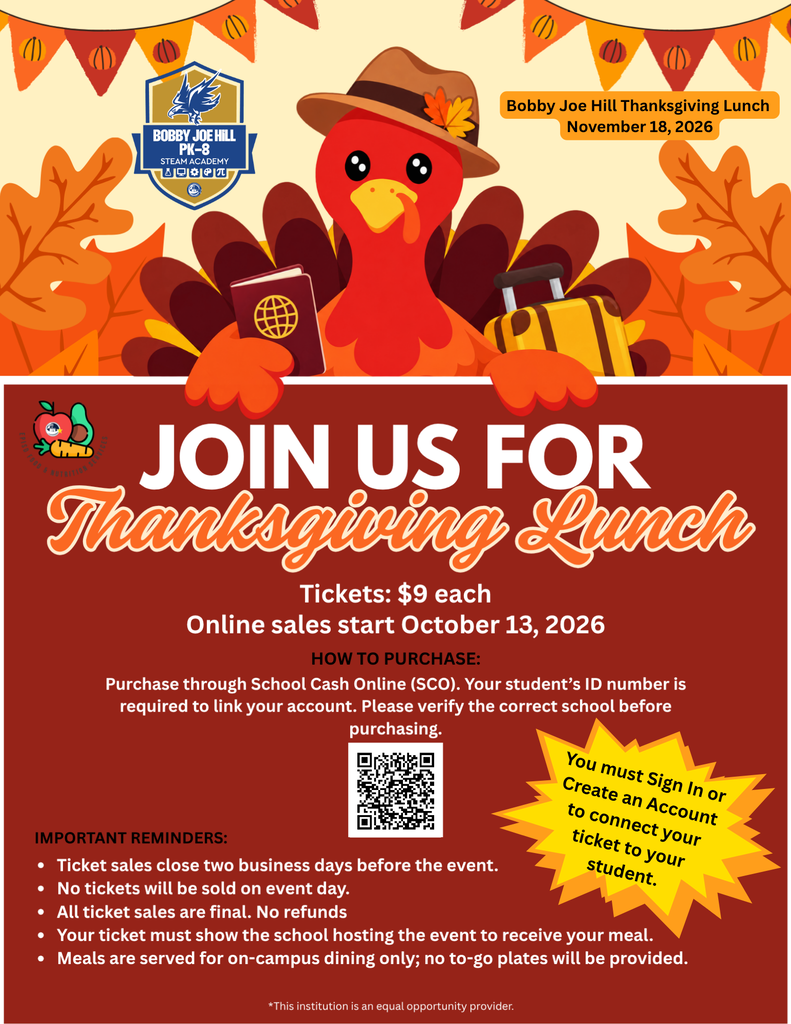 Invitation flyer for a Thanksgiving lunch event. It features a turkey with a hat, autumn leaves, and details about ticket purchase and sale.