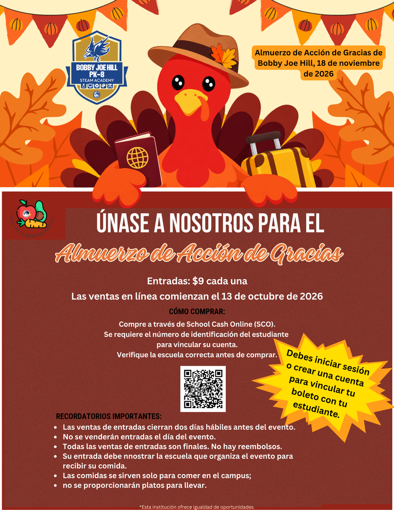 Flyer for a Thanksgiving meal, featuring a turkey with a hat, a book, and an autumn background.