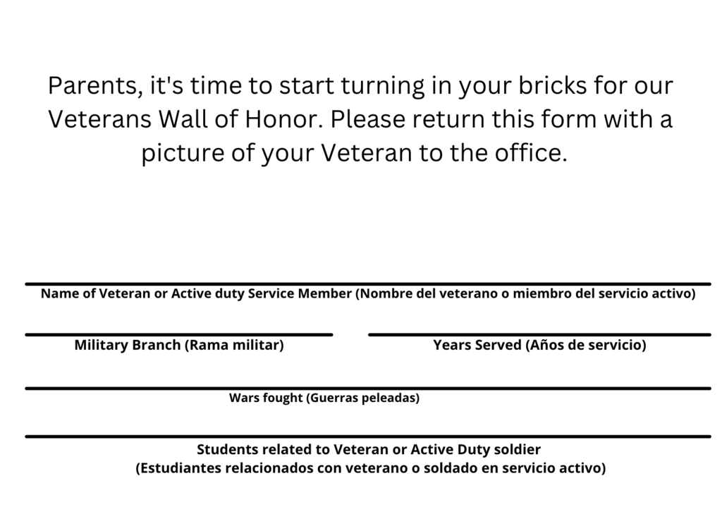 A form requests veteran information for a Wall of Honor. Fields include name, branch, years served, and conflicts fought.