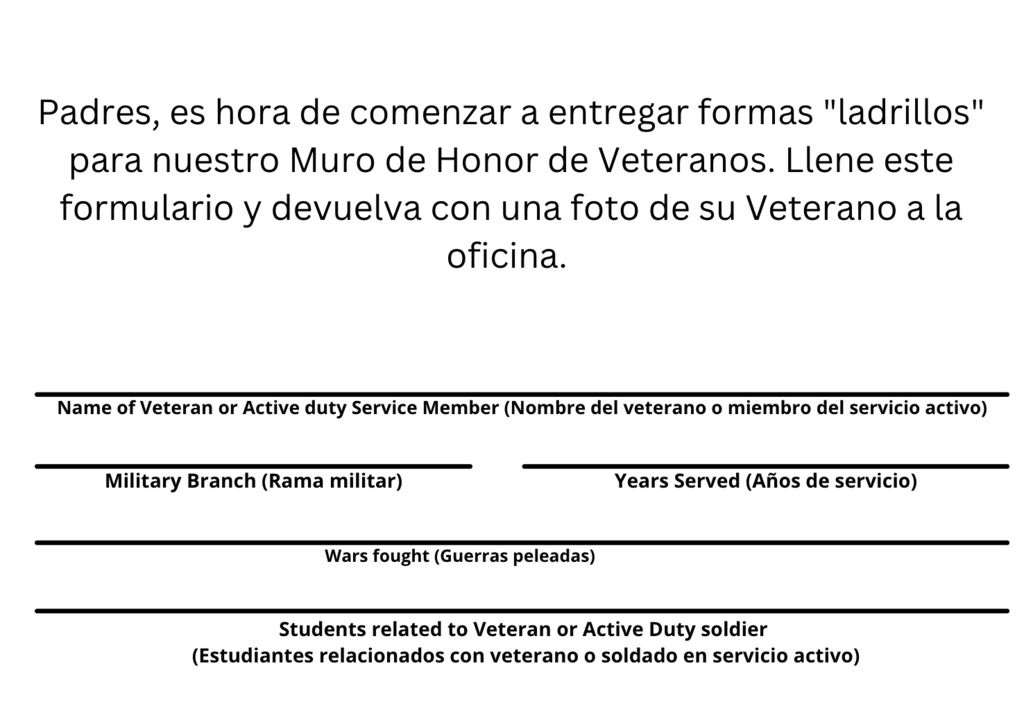 A form in Spanish with blank spaces for name, military branch, years served, where they fought, and students' relation to a veteran.
