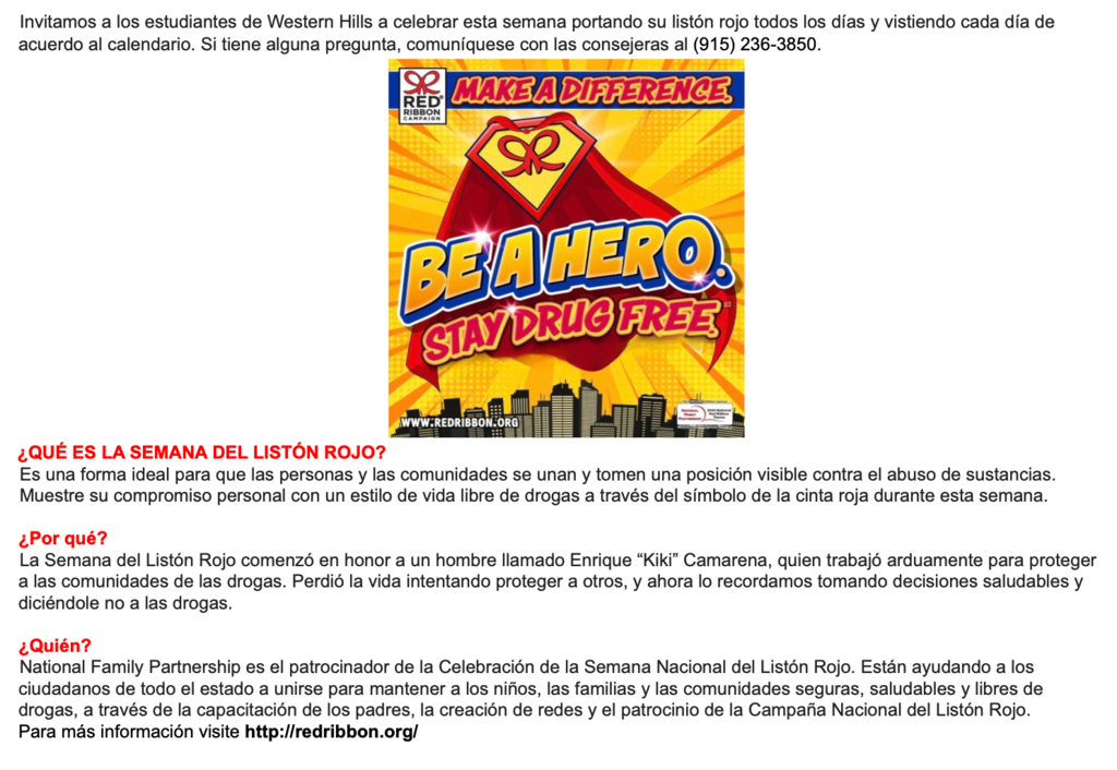A poster with the text "Be a Hero. Stay Drug Free" and a red ribbon. Background contains other text in a foreign language.
