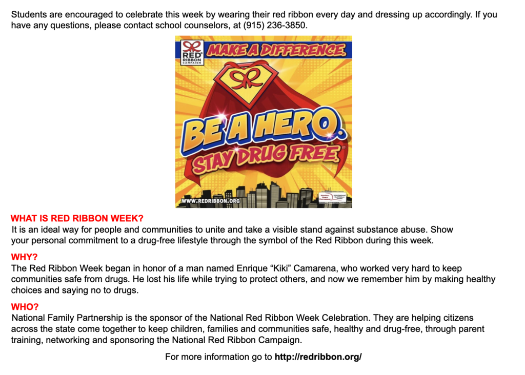 A poster with bold text "BE A HERO STAY DRUG FREE" in red and yellow. Background includes a red ribbon.