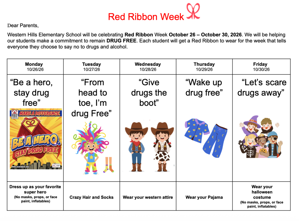 A page of a Red Ribbon Week flyer for elementary students. It includes a table with themes for each day of the week.