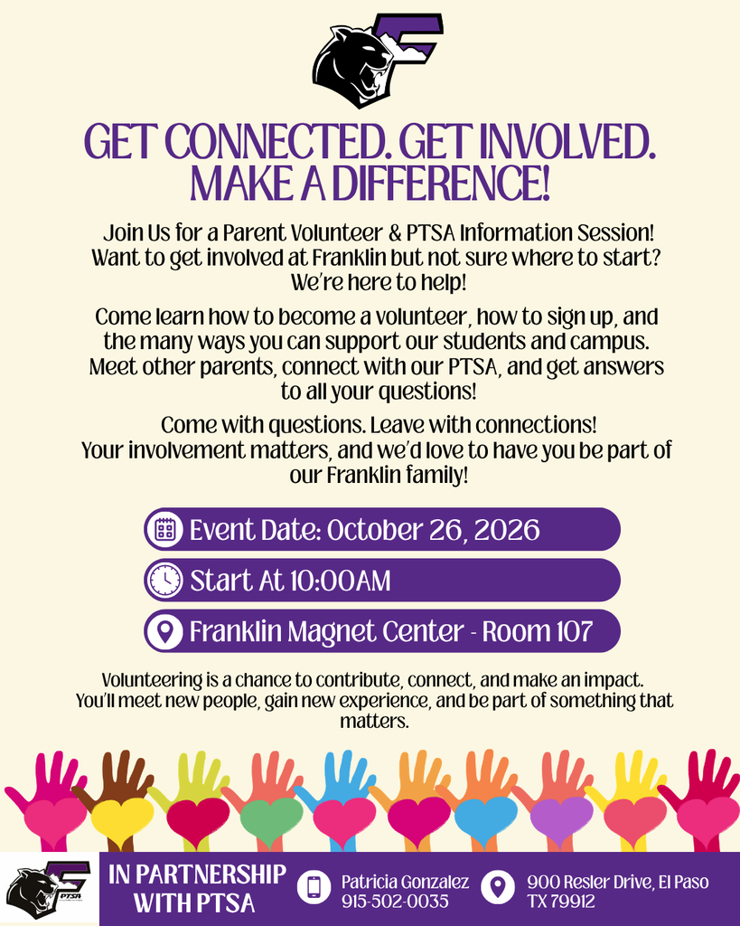 Get connected. Get involved. Make a difference! Join us for Franklin’s Parent Volunteer & PTSA Information Session on October 26 at 10 AM in the Magnet Center, Room 107. Learn how to sign up to volunteer, connect with PTSA, and discover ways to support our students. Bring your questions and leave with connections! We’d love to see you there! #CougarPowerhouse