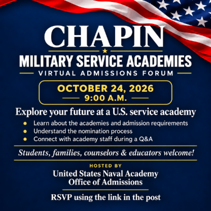 A poster with navy blue background and white text, featuring an American flag, announces a virtual forum for military service academies.